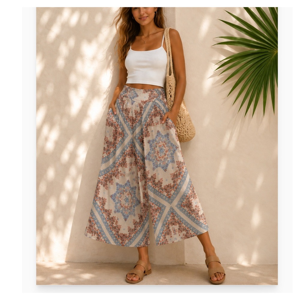 American Eagle S Petite Boho Palazzo Pants Wide Leg Crop Gauze Floral Festival